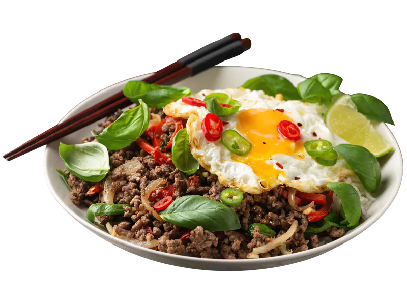 Spicy basil beef with egg over rice at Thai Golden Bowl, a Thai Restaurant in Columbus